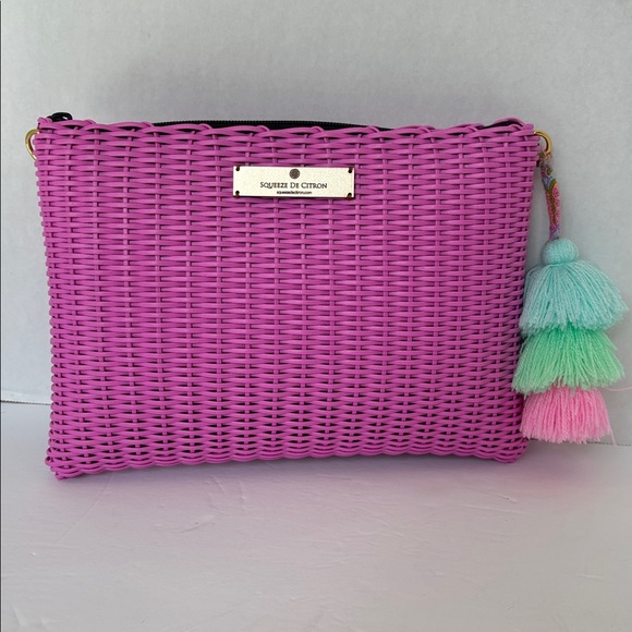 Squeeze de Citron Handbags - Squeeze De Citron Vibrant Pink Woven Clutch with Tassel